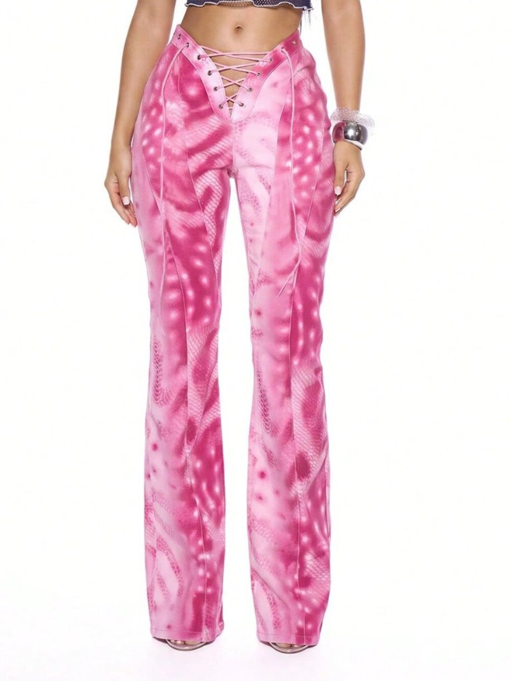 Pink Casual Women's Mixed Print Tie Front Flared Low Waist Skinny Denim Jeans